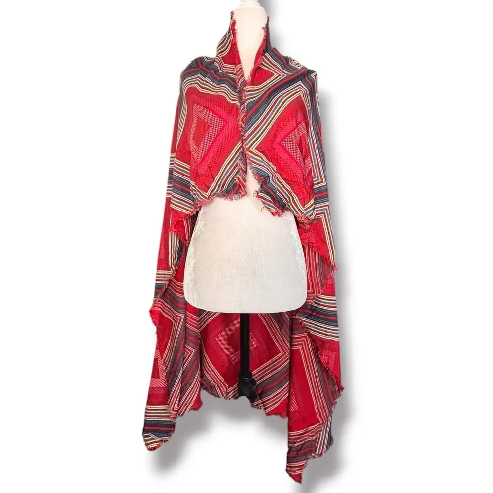 Geometric Stripe Square Scarf Shawl Wrap Red Blue Fringed Boho Artsy Layer